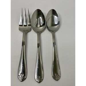 Reed & Barton Ribbon Crest Glossy Stainless Serving‎ Spoons & Meat Fork